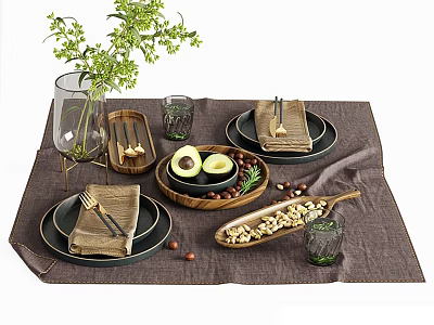Elegant Dinnerware Set With Wooden Plates Avocado Nuts Glass Cups And Green Plants 3d model
