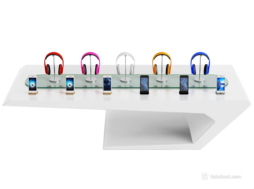 White Display Shelf with Mobile Phones and Colorful Headphones for Retail Showcase 3d model 