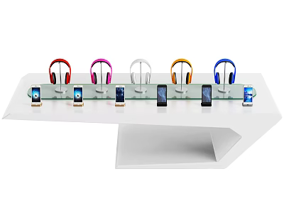 White Display Shelf with Mobile Phones and Colorful Headphones for Retail Showcase 3d model