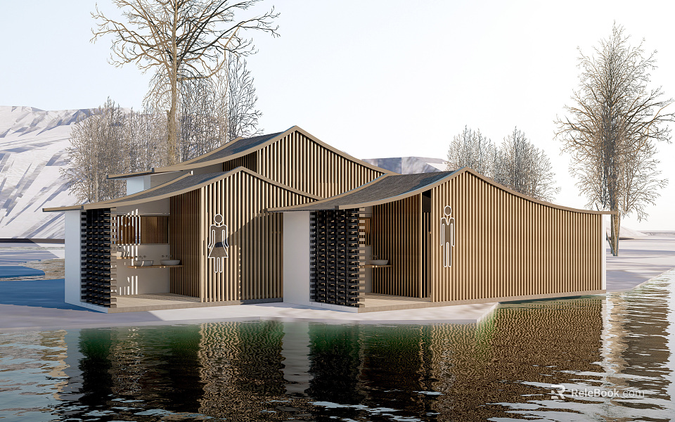 Modern Wooden Building With Wavy Roof By Water And Trees 3d model 