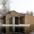 Modern Wooden Building With Wavy Roof By Water And Trees