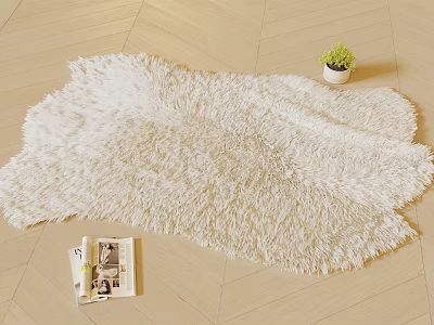 White Fluffy Shaggy Rug In Room With Plant And Magazine 3d model