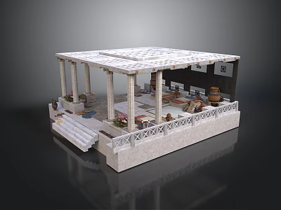 Classical Architectural Structure With Columns Steps Tiled Roof Decorative Railing And Vases 3d model
