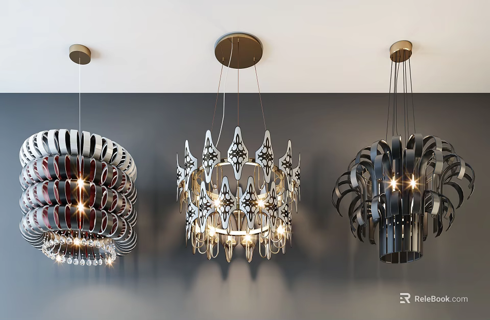 Three Stylish Modern Chandeliers With Geometric Metal Frames And Bright Lights 3d model 