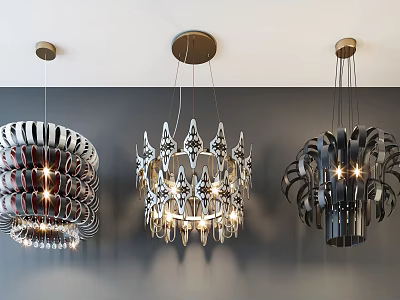 Three Stylish Modern Chandeliers With Geometric Metal Frames And Bright Lights 3d model