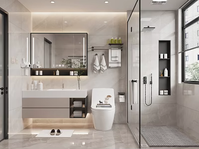 Modern Bathroom Interior With Large Mirror Vanity Glass Shower White Toilet And Green Plants 3d model