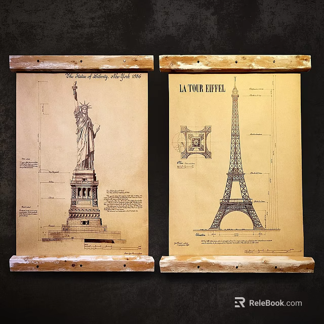 Vintage Statue of Liberty and Eiffel Tower Design Blueprints as Wall Decor Prints 3d model 
