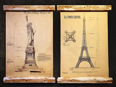 Vintage Statue of Liberty and Eiffel Tower Design Blueprints as Wall Decor Prints 3d model