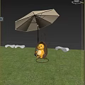 Yellow Inflatable Cartoon Figure Sitting On Hanging Rattan Swing Under Umbrella In Garden