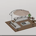 Cozy Outdoor Sofa with Large Parasol Fire Pit Table Wooden Deck Accent Chairs 3d model