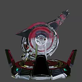 Futuristic Red And Black Mechanical Weapon With Circular Rotating Components And Green Indicator Light