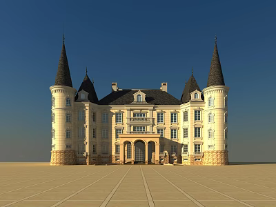 Castle Style Hotel Building With Spire Towers And Symmetrical Stone Exterior 3d model