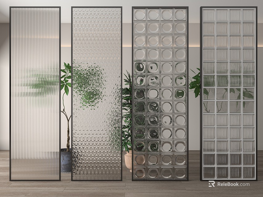 Contemporary Room Dividers Featuring Ribbed Bubble Circular And Grid Glass Textures 3d model 