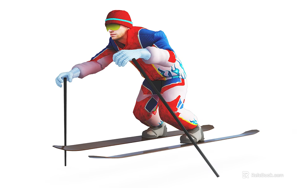 Man skiing in colorful ski suit with red hat goggles poles and skis 3d model 