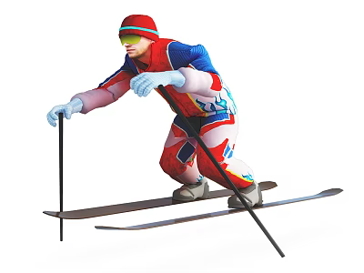 Man skiing in colorful ski suit with red hat goggles poles and skis 3d model