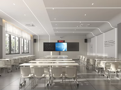 School Modern Classroom With White Desks Chairs Blackboard TV And Windows 3d model
