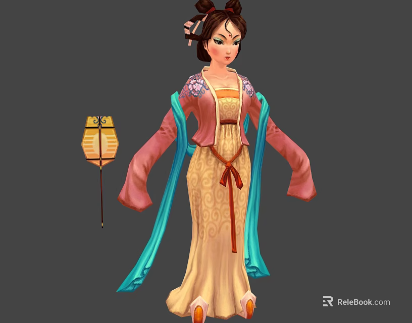 Historical Chinese Female Character In Traditional Costume With Blue Ribbons And Yellow Lantern 3d model 