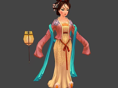 Historical Chinese Female Character In Traditional Costume With Blue Ribbons And Yellow Lantern 3d model