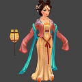 Historical Chinese Female Character In Traditional Costume With Blue Ribbons And Yellow Lantern