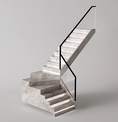Elegant Modern Marble Staircase With Black Metal Railing And Floating Steps 3d model