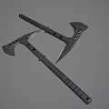 Two Black Axes as Weapons with Metal Heads and Textured Handles