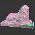 Reclining Ancient Stone Lion Statue With Detailed Curly Mane And Carved Pedestal