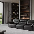 Modern Black Leather Sofa Coffee Table Combination In Living Room With Bookshelves And Floor Lamp