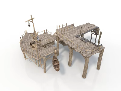Wooden Stilt Supported Waterfront Building With Platforms Railings And Small Boat 3d model
