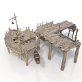 Wooden Stilt Supported Waterfront Building With Platforms Railings And Small Boat