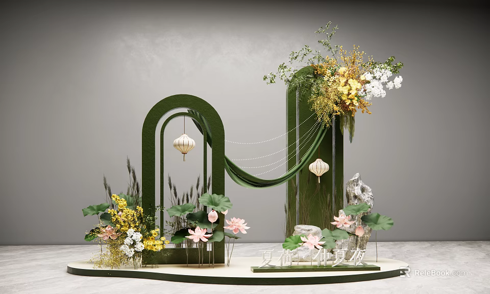 Elegant Floral Display Decoration With Green Arch Lanterns Lotus Flowers Vines And Gold White Blooms 3d model 
