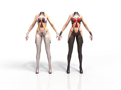 Futuristic Body Suits In Silver And Black With Red Accents On Mannequins 3d model
