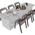 Modern Marble Dining Table Set With Wooden Chairs Wine Glasses And Tableware 3d model