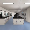 Modern Laboratory With Lab Benches Cabinets Windows Ceiling Lights And Blue Flooring