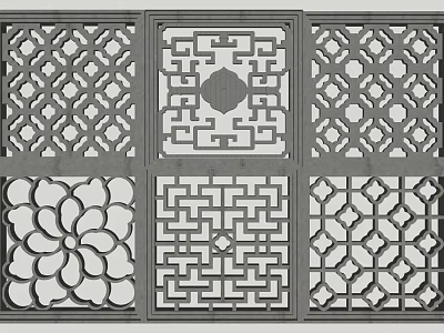 Traditional Chinese Carved Windows with Intricate Geometric and Floral Patterns for Classic Interior Architectural Design 3d model