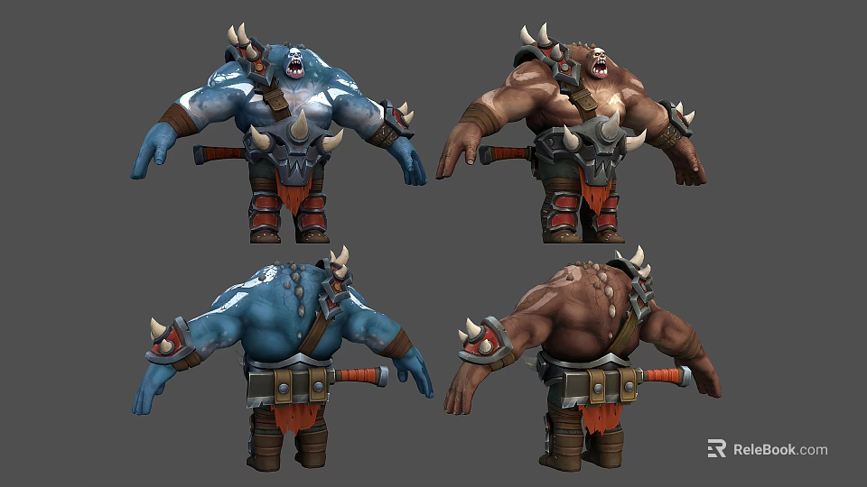 Male Orc Warrior Character With Horned Armor Weapon Blue Brown Skin Shown In Different Angles 3d model 