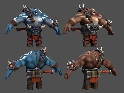 Male Orc Warrior Character With Horned Armor Weapon Blue Brown Skin Shown In Different Angles 3d model