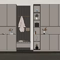 Modern Beige Shoe Cabinet In Entryway With Coat Hanger Bench And Decorative Items