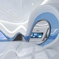 Modern Exhibition Hall With Curved Design Blue Digital Screen White Interior And Large Windows
