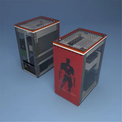 Two Red And Gray Computer Cases With Mesh Top And Graphic Design 3d model