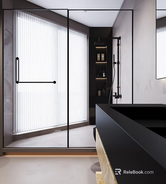 Modern Bathroom Interior Design With Glass Shower Enclosure And Black Vanity Mirror 3d model 