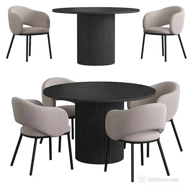 Modern Round Dining Table Set With Light Upholstered Chairs And Black Legs 3d model 