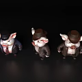 Three Cartoon Pig Figurines Dressed In Suits With Different Hats On Black Background