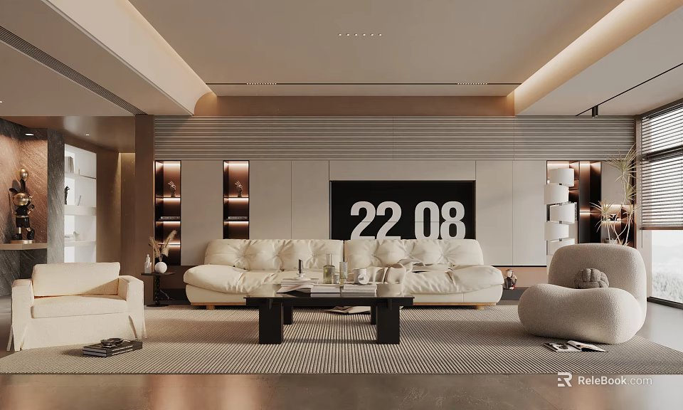 Modern Living Room Interior With White Sofa Coffee Table TV Wall And Ambient Lighting 3d model 