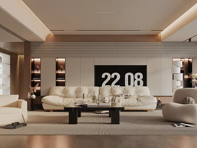 Modern Living Room Interior With White Sofa Coffee Table TV Wall And Ambient Lighting 3d model