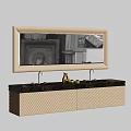 Bathroom Vanity Cabinet With Large Framed Mirror Beige Textured Doors Dark Countertop Faucet Decorative Items