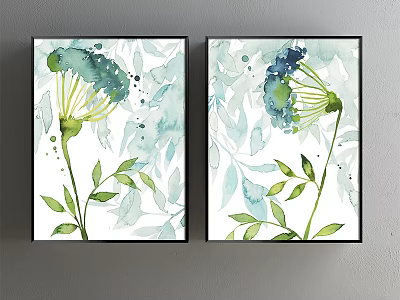 Watercolor Botanical Paintings With Green Blue Flowers Leaves In Black Frames On Gray Wall 3d model