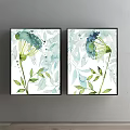 Watercolor Botanical Paintings With Green Blue Flowers Leaves In Black Frames On Gray Wall