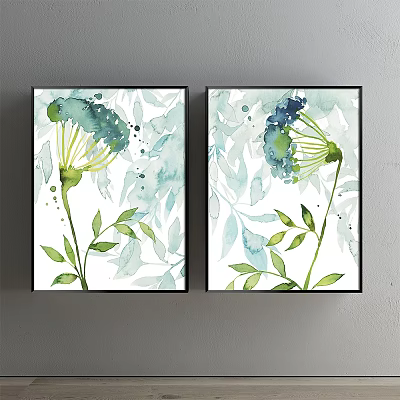 Watercolor Botanical Paintings With Green Blue Flowers Leaves In Black Frames On Gray Wall 3d model