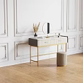 Elegant Dressing Table With Gold Legs Marble Top Round Mirror And Stool 3d model