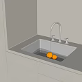 Kitchen Sink with Running Water and Tomatoes on White Cabinet Countertop